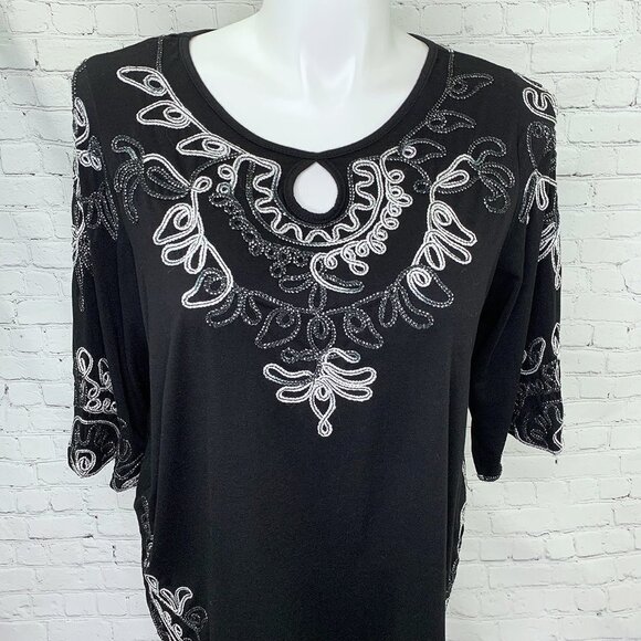 ONCE AGAIN BLACK & WHITE METALLIC THREAD SWIRL DESIGN TUNIC TOP - 1X - Picture 2 of 5